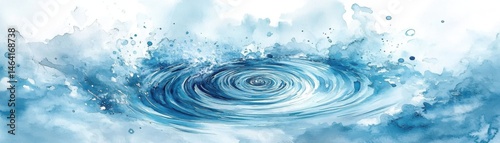 Obraz na płótnie A watercolor ripple spreads across a blue water surface, creating waves and splashes in an abstract style. w salonie