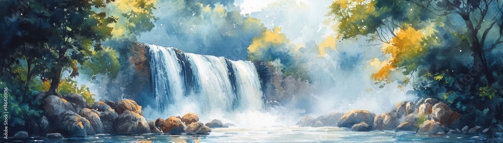 A serene waterfall cascades into a calm river, surrounded by lush green trees and rocks under soft sunlight.