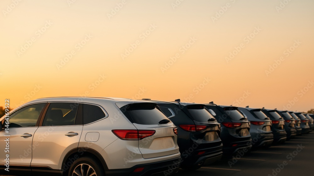 Car showcase at sunset parking lot vehicle display urban environment wide angle view automotive enthusiasm