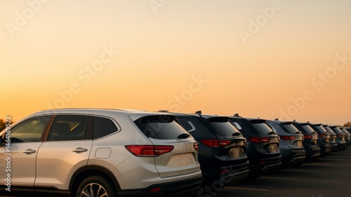 Obraz na płótnie Car showcase at sunset parking lot vehicle display urban environment wide angle view automotive enthusiasm w salonie