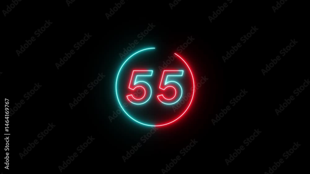 Glowing neon countdown one minute animation from 60 to 0 seconds. Modern flat design with animation in black background. HD quality.