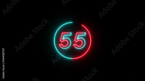 Glowing neon countdown one minute animation from 60 to 0 seconds. Modern flat design with animation in black background. HD quality.