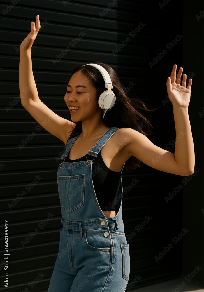 Dancing woman enjoys music in urban setting portrait photography outdoor environment joyful vibe close-up view for lifestyle content