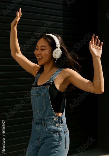 Obraz na płótnie Dancing woman enjoys music in urban setting portrait photography outdoor environment joyful vibe close-up view for lifestyle content w salonie
