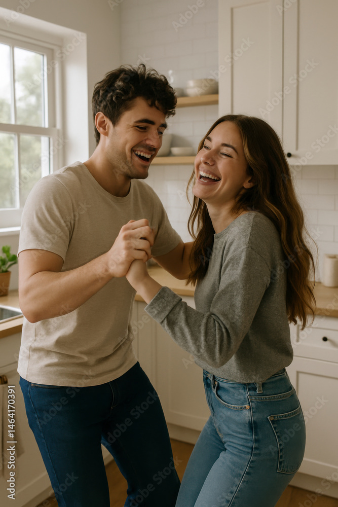 Couple dancing together in a cozy kitchen capturing joyful moments home environment warm atmosphere intimate viewpoint for relationship inspiration