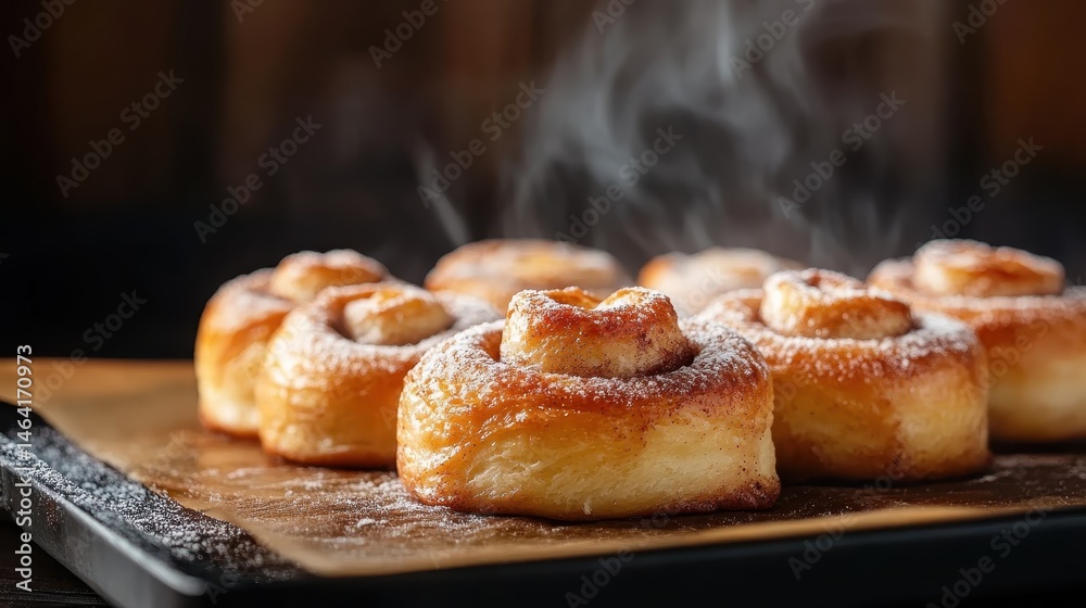 Warm, freshly baked cinnamon rolls with a light dusting of powdered sugar, releasing steam as they sit on a baking sheet, creating an enticing and comforting atmosphere in the kitchen. Warm, freshly baked cinnamon rolls with a light dusting of powdered sugar, releasing steam as they sit on a baking sheet, creating an enticing and comforting atmosphere in the kitchen.