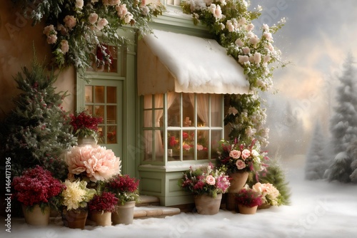 Fototapeta Naklejka Na Ścianę i Meble -  Magical winter cottage window with snow covered awning surrounded by blooming pink peonies and roses in terracotta pots against misty snowy landscape creating fairytale garden scene.