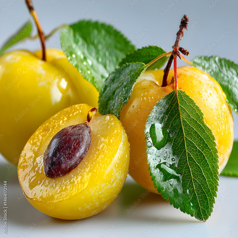 Fresh Juicy Yellow Plums with Green Leaves transparent background