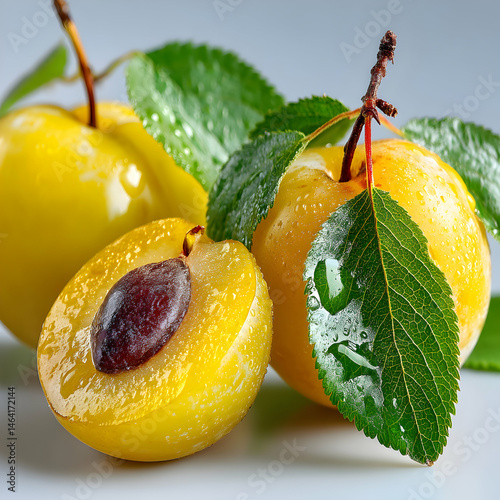 Obraz na płótnie Fresh Juicy Yellow Plums with Green Leaves transparent background w salonie