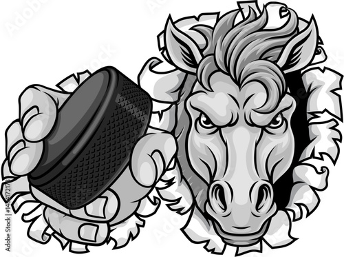 Horse mustang bronco stallion ice hockey angry sports team mascot holding a puck.