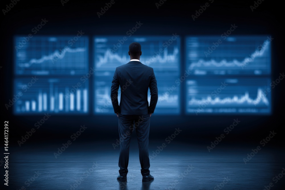 Fototapeta premium Businessman observing financial analytics on large screens in a modern office environment while analyzing market trends and data visualizations for informed investment decisions