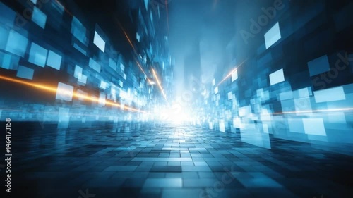 Futuristic cityscape with glowing blue pixels and light beams creating a dynamic atmosphere