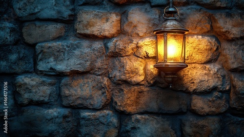 Rustic Stone Wall with Glowing Vintage Lantern at Night lantern vintage night rustic stone wall old