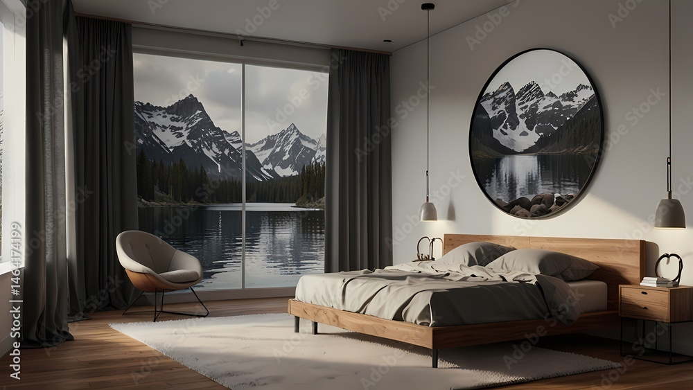 Fototapeta premium This modern home interior showcases a comfortable living room with a stylish sofa and a cozy bedroom featuring a luxurious bed and soft pillows