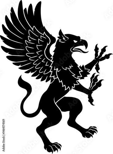 A stylised heraldry coat of arms crest style rearing griffin or gryphon standing on its hind legs