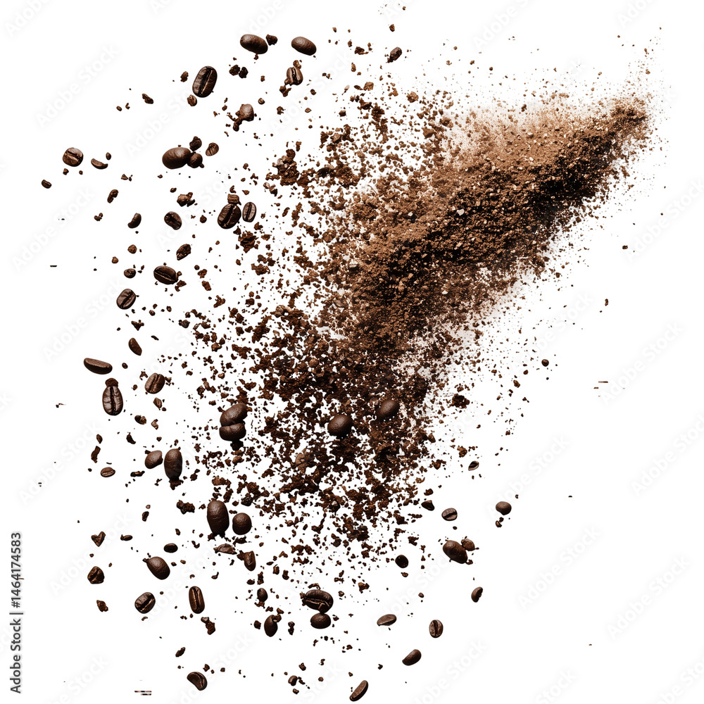 Aromatic ground coffee and beans explosion on a simple plain background isolated on transparent background png Aromatic ground coffee and beans explosion on a simple plain background isolated on transparent background png