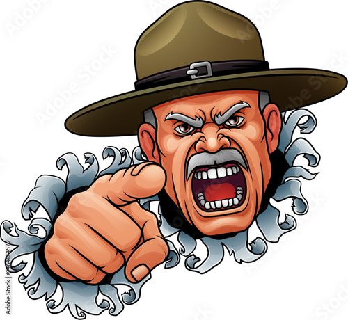 An angry drill instructor or sergeant bootcamp army soldier cartoon character