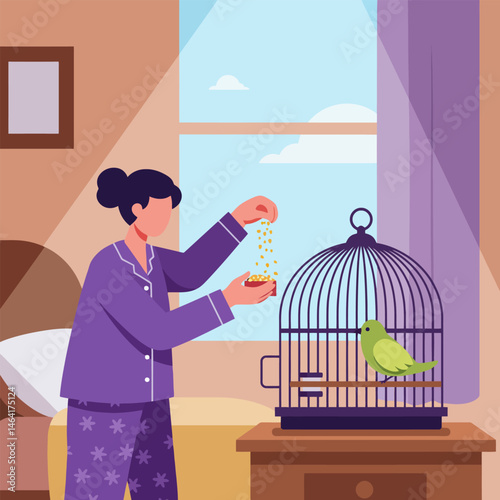 Woman Feeding Bird in Cage Inside Near Window with Natural Light