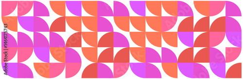 Seamless geometric pattern with pink, orange and magenta semicircles on white background for textile and surface design