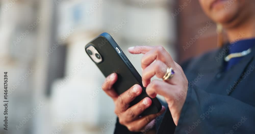 Online, lawyer and woman with smartphone, outdoor and research for case on website, low angle and typing. Browsing, advocate and person with mobile app for lawsuit, digital and legal info in city