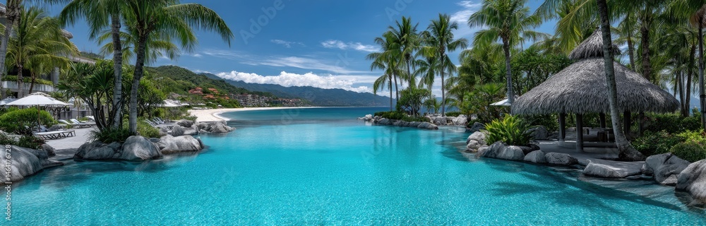 Panoramic view of the pool and beach area at a resort on the West Coast, overlooking the Black Rocks mountain range with lush palm trees and a blue sky Panoramic view of the pool and beach area at a resort on the West Coast, overlooking the Black Rocks mountain range with lush palm trees and a blue sky