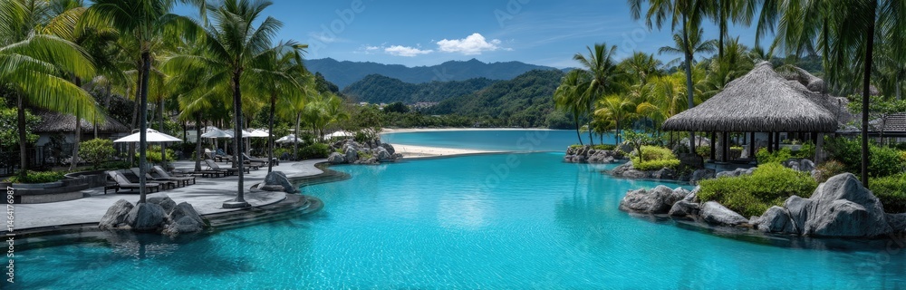 Panoramic view of the pool and beach area at a resort on the West Coast, overlooking the Black Rocks mountain range with lush palm trees and a blue sky Panoramic view of the pool and beach area at a resort on the West Coast, overlooking the Black Rocks mountain range with lush palm trees and a blue sky