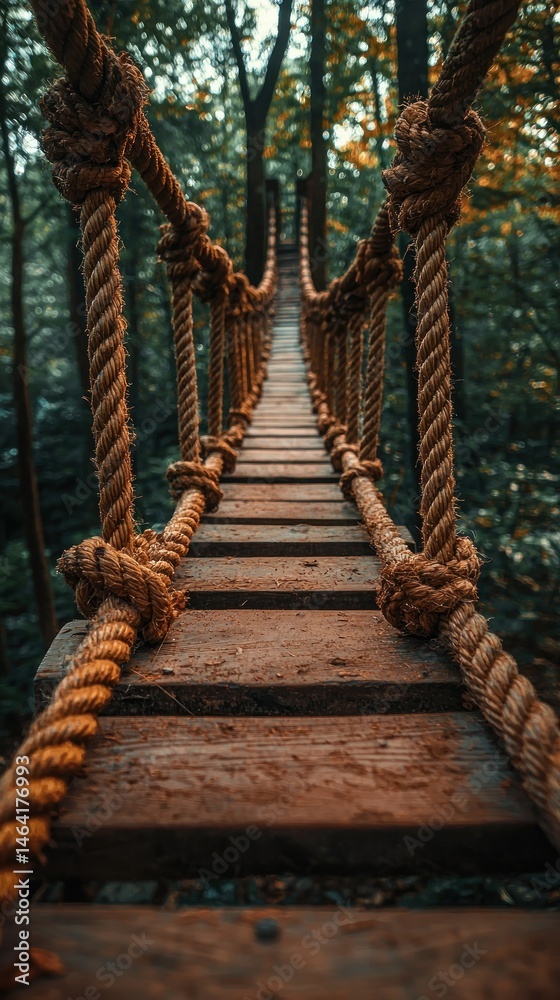 Fototapeta premium Forest bridge Rustic rope & wood in verdant woodland setting