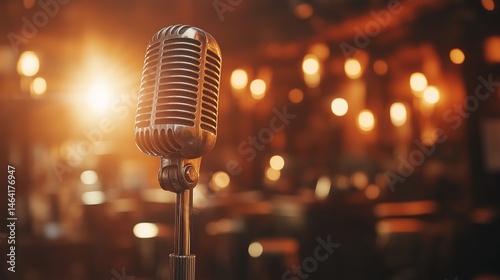 A microphone on a stage with stage lights shining on them, blurred stage background. 2
