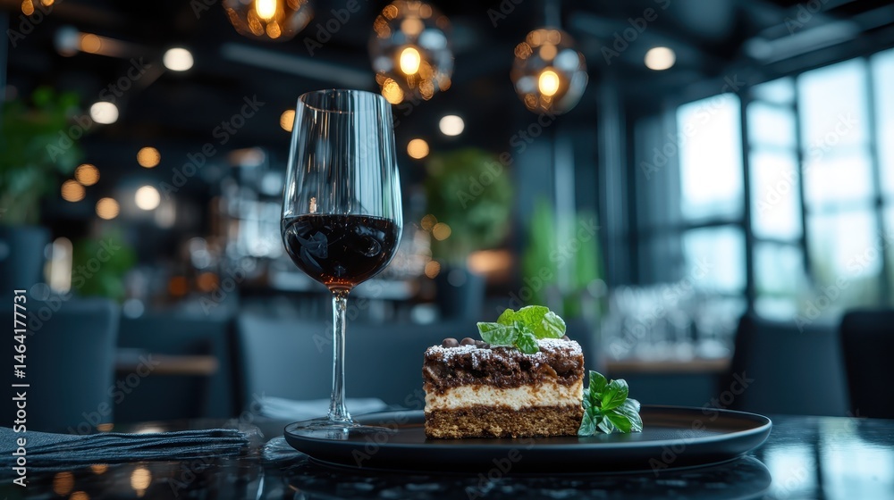 An upscale dining setting featuring an elegant wine glass beside a delicious cake, showcasing the harmony of taste, aesthetics, and fine culinary experiences. An upscale dining setting featuring an elegant wine glass beside a delicious cake, showcasing the harmony of taste, aesthetics, and fine culinary experiences.