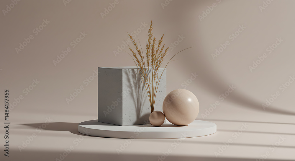 Fototapeta premium Minimalistic still life composition with geometric shapes and dried grass 