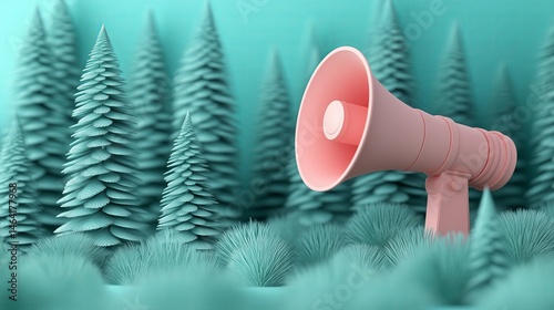 A pink megaphone sits atop tall grass, with a teal background. 15