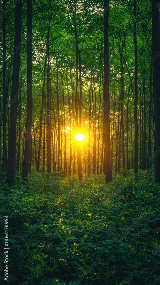 Fototapeta premium Forest's trees, green flora, sun's light in the middle