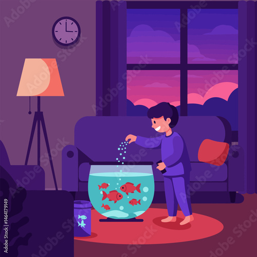 Boy Feeding Fish in Aquarium at Home During Evening Hours