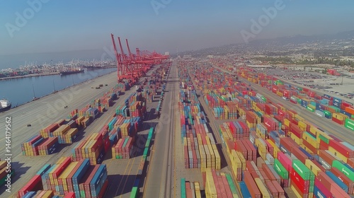 Aerial View of Los Angeles Port: Colorful Containers, Freight Ships, and Cranes in Harbor photo