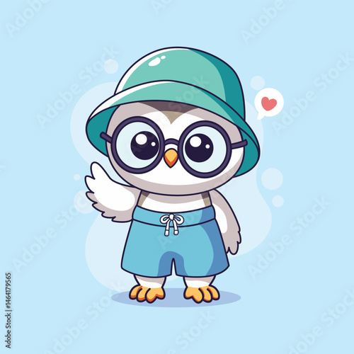 Cute owl with hat and shorts. Vector illustration in cartoon style.