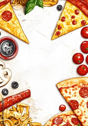 Pizza toppings arranged in a frame