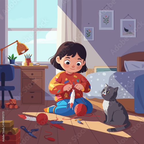 Girl Crafting Feather Decoration with Her Cat in Sunlit Bedroom