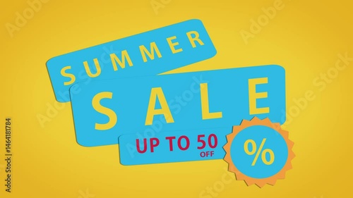 Summer Sale Commercial. Video graphics design concept for sale campaigns, 10 seconds animation, yellow text on blue tags with percent discount sugestion for summer season.
