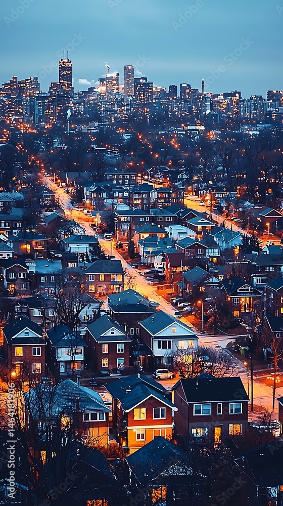 Obraz premium Cityscape Residential Neighborhood Twilight Aerial View