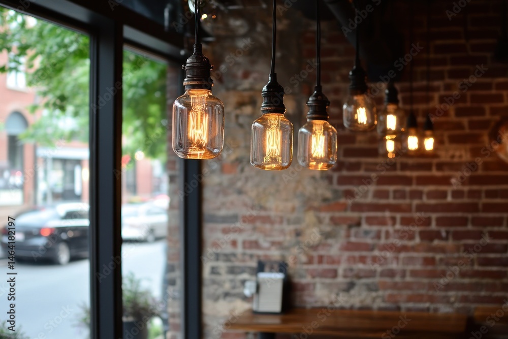Obraz premium Glowing Edison bulbs against textured brick, evoking a cozy gathering space