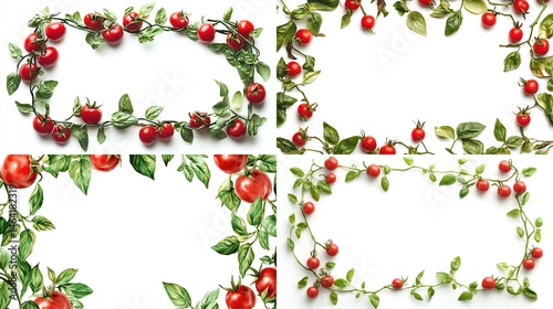Wallpaper Mural Four tomato vine frames, arranged in a grid pattern, with vibrant red tomatoes and fresh green leaves, creating a border around a white background Torontodigital.ca