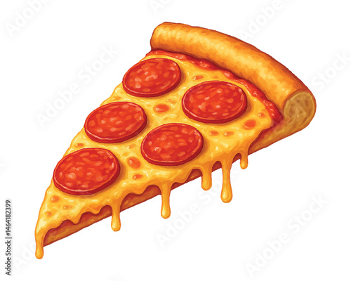 Vector illustration of a realistic slice of pepperoni pizza with melted cheese and golden crust. Isolated from light background. Perfect for food design, menu, packaging, and so on.