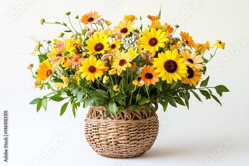 Vibrant bouquet of wild daisies and sunflowers in a rustic woven vase, captured in delicate detail under soft sunlight.