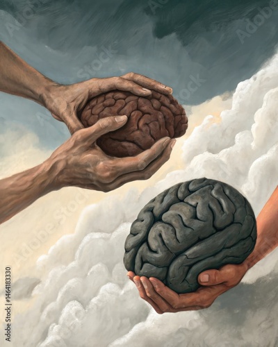 Two hands sculpting a clay brain one hand forming dark heavy clumps while the other lightens and smoothens them showcasing the effort involved in cognitive change.