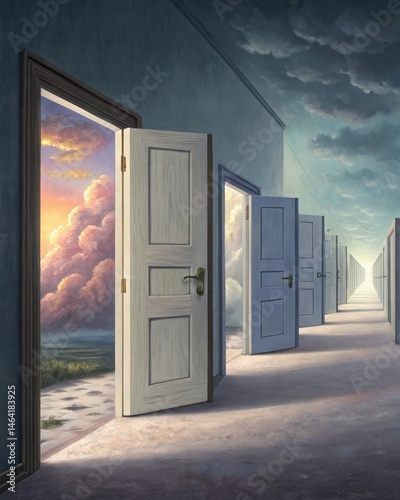 Obraz na płótnie A series of doors some open and some closed illustrating the multiple pathways and choices available in ones psyche as revealed in dreams. w salonie