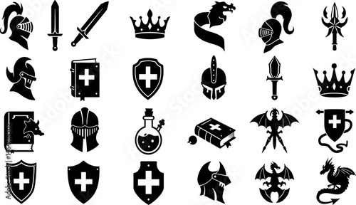 Game fantasy icon set, vector magic dungeon dragon RPG sign, medieval warrior avatar, fairytale sign. Knight battle sword, armour helmet, power weapon, witch hat, potion cauldron.