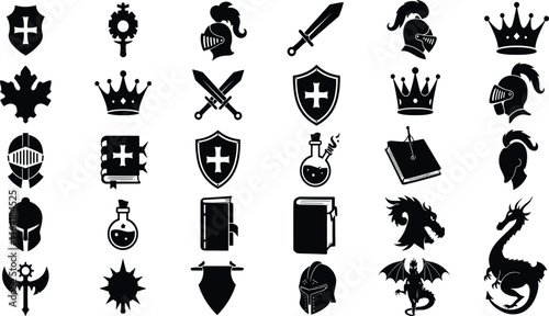 Game fantasy icon set, vector magic dungeon dragon RPG sign, medieval warrior avatar, fairytale sign. Knight battle sword, armour helmet, power weapon, witch hat, potion cauldron.