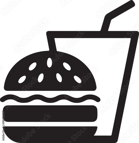 A clean blue icon of a burger and a soda cup with a straw, representing a fast food meal deal_traced