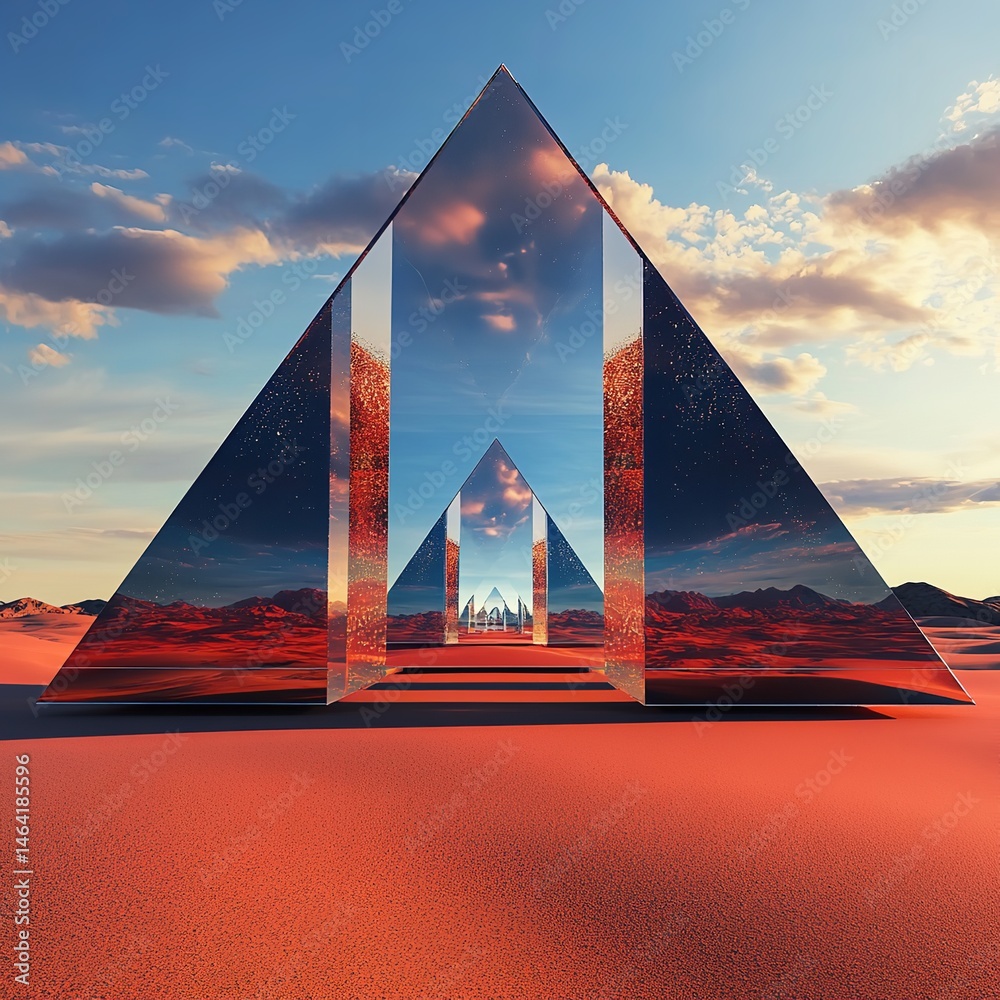 Desert Pyramid Reflection Sunset Sky Red Sands Geometric Art