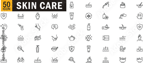 Skin care editable outline icon set. Beauty, skincare, treatment, serum, lotion, cleanser, hydration, face, cosmetic, wellness and more.